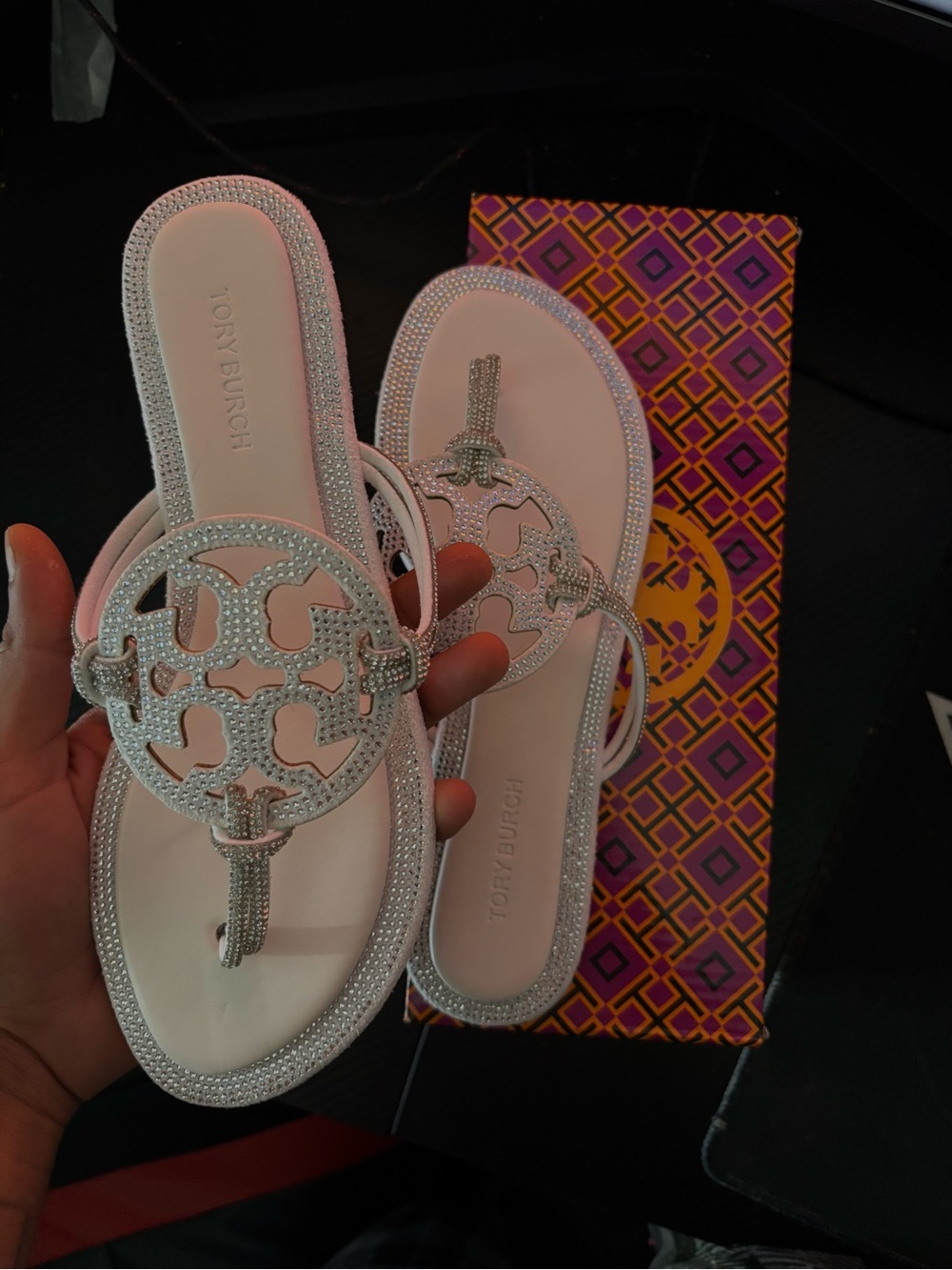 Tory Burch Crystal-Embellished White Miller Sandals